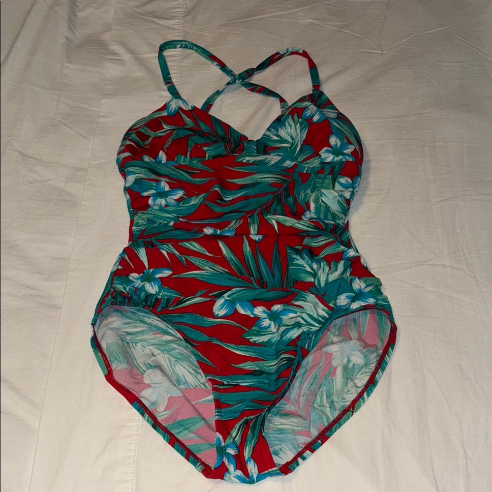 Merona Red and Green One Piece Swimsuit with Criss-Cross Straps